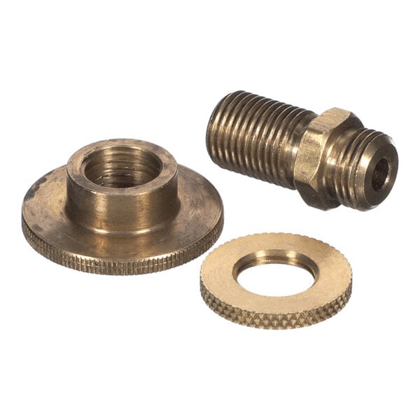 Three brass-colored metal components, including a threaded fitting, a washer, and a flanged nut, are shown on a white background.