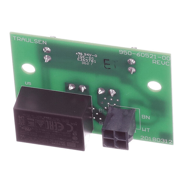 A green printed circuit board with a black relay component and a four-pin connector, labeled with 'TRAULSEN' and '950-60521-00'.