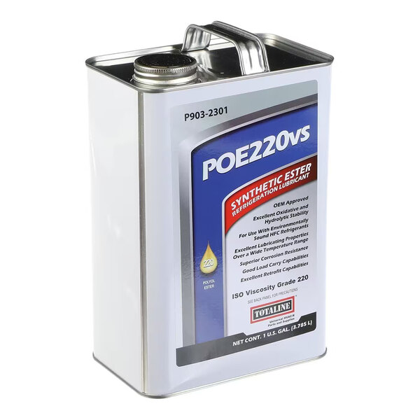 A rectangular metal canister with a screw cap and handle, labeled as POE220vs synthetic ester refrigeration lubricant.