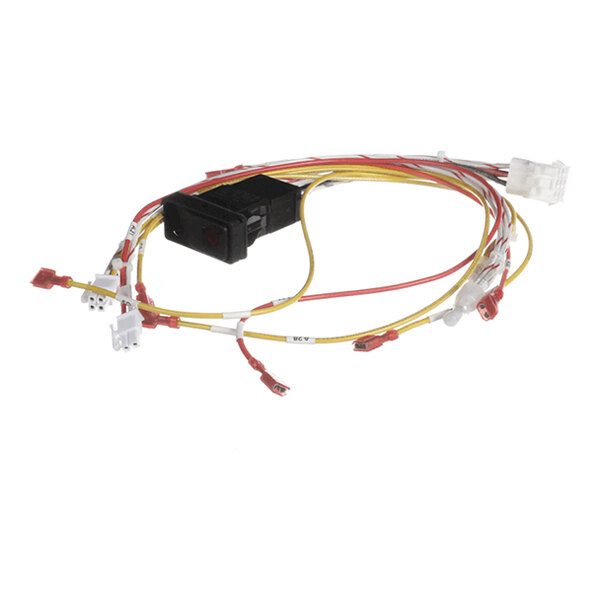 A bundle of yellow and red electrical wires with multiple connectors and a black rectangular component attached.