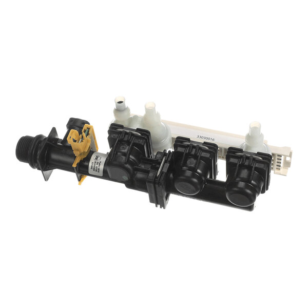 A black and white plastic solenoid valve assembly with three valve units and multiple connection points.