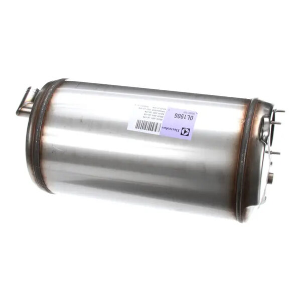 A cylindrical metal component with welded seams, a barcode label, and several pipe fittings on one end.