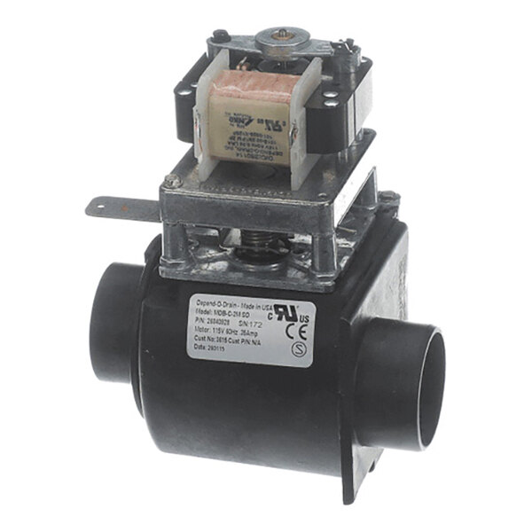 A black and metallic electrical valve with a coil and label, featuring two pipe connections and a mounting bracket.