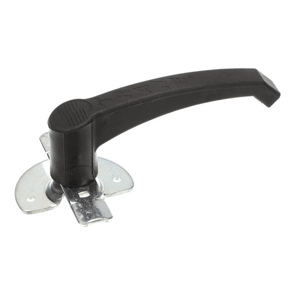 A black plastic handle attached to a metal mounting plate with two screw holes.