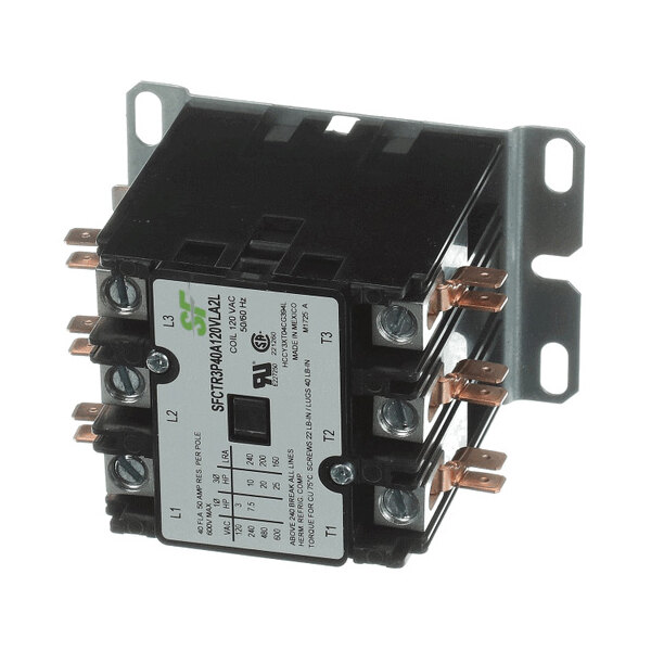 A three-pole electrical contactor with labeled terminals and a metal mounting bracket.