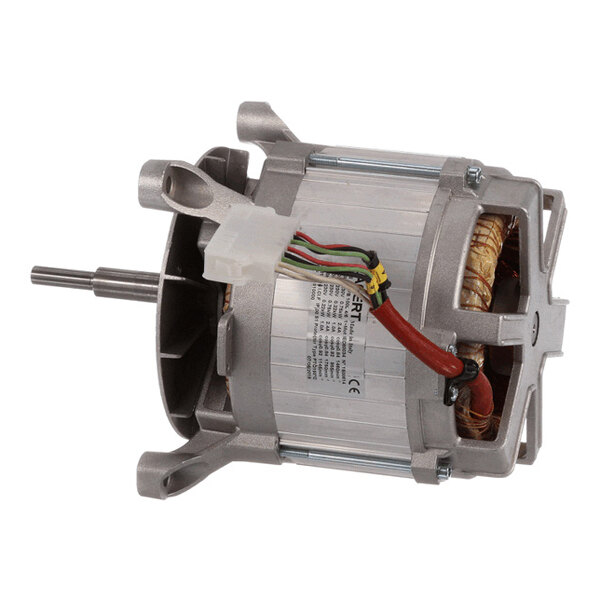 A cylindrical electric motor with a metal housing, visible copper windings, a shaft, and several colored wires attached to a connector.