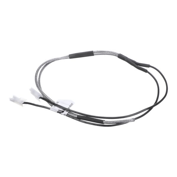 A coiled black and silver braided cable with connectors at both ends, likely an electrical component.