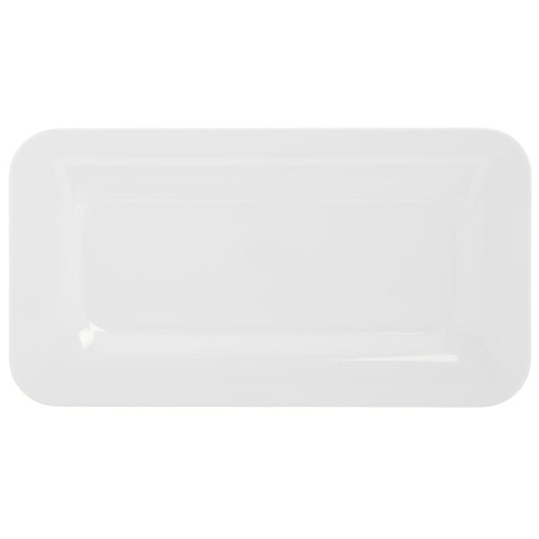 A white rectangular food pan with a white surface.