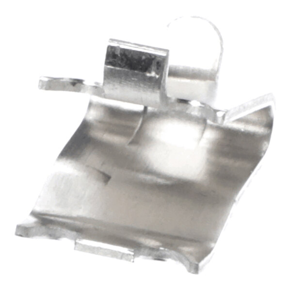 A close-up view of a small, metallic, curved clip with a shiny surface and a bent tab.