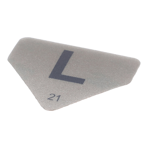 A triangular metallic decal with a large black letter 'L' and the number '21' printed in the corner.