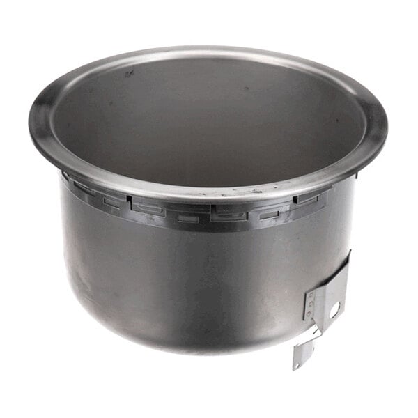A large, round metal pot with a wide rim and a metal bracket attached to the side.