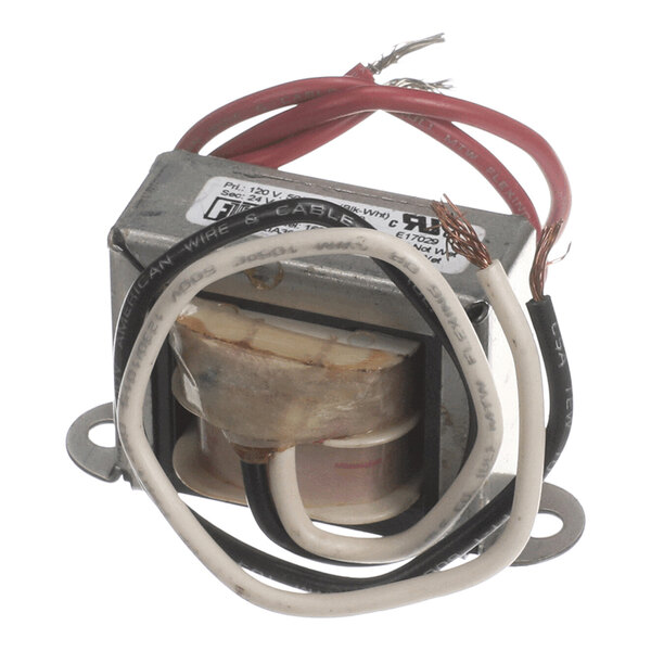 A metal-cased electrical transformer with exposed coils and four color-coded wires (red, white, and black) extending from it.