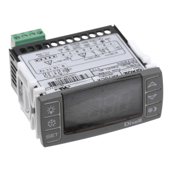 A small electronic control device with a digital display, labeled buttons, and terminal connections, featuring the brand name 'Dixell' on the front.