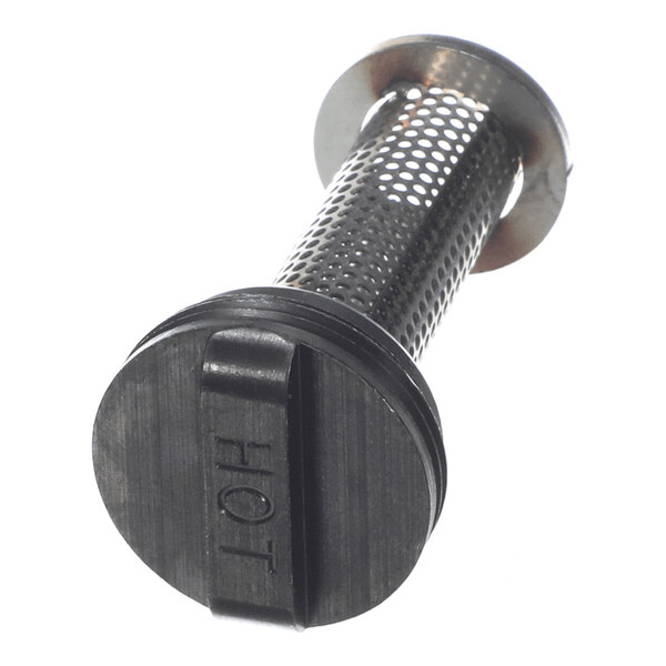 A cylindrical metal mesh filter with a flat end cap labeled 'HOT' and an O-ring near the cap.