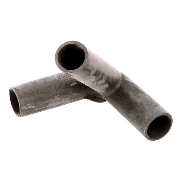 Two black, cylindrical, elbow-shaped tubes intersecting each other on a white background.