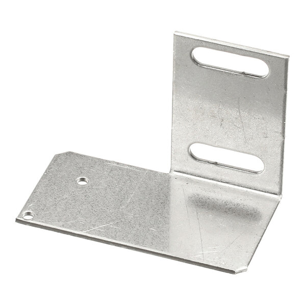A metal L-shaped bracket with two elongated slots on the vertical side and two round holes on the horizontal side.