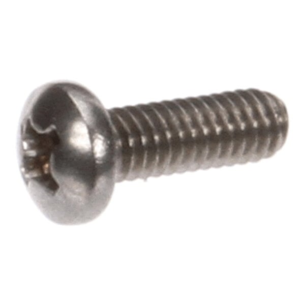 A metal screw with a pan head and a Phillips drive, featuring a threaded shaft.