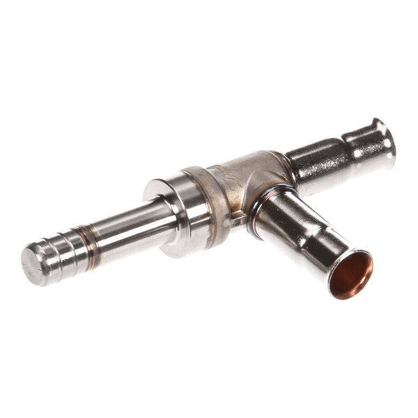A metallic right-angle pipe fitting with three cylindrical connectors, likely used for plumbing or refrigeration applications.