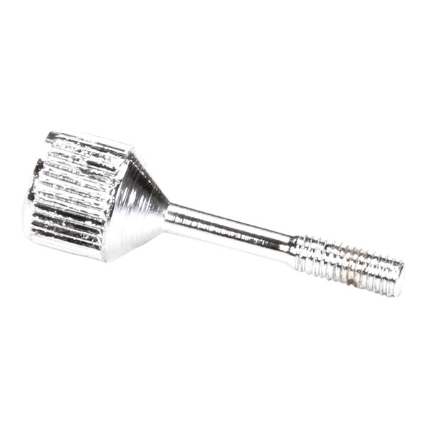 A metallic, cylindrical screw with a textured, ridged head and a threaded shaft.