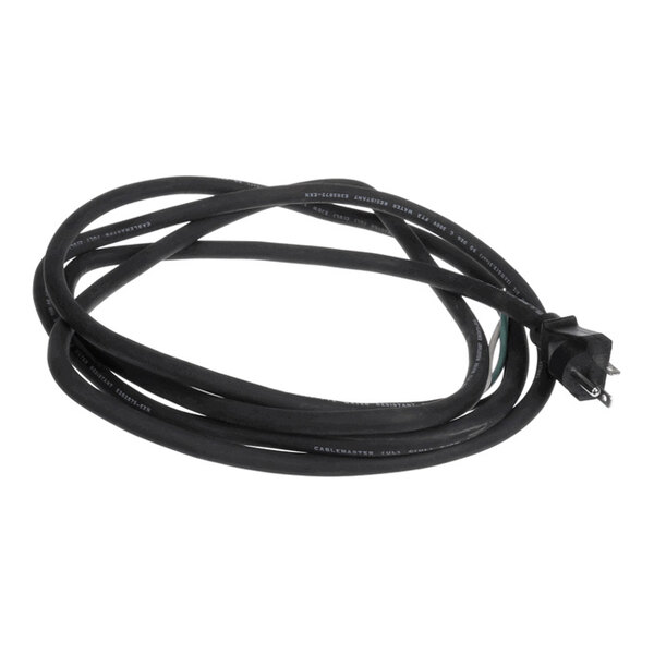 A coiled black electrical power cord with a three-prong plug at one end.