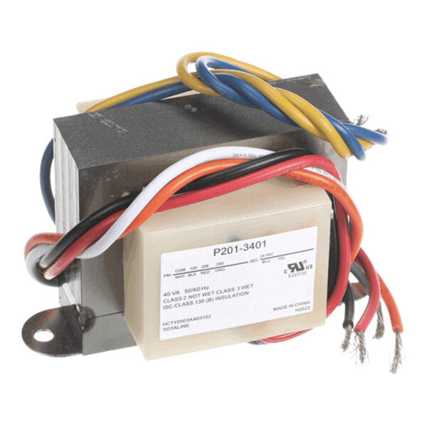 A metal and plastic electrical transformer with multiple colored wires and a label displaying technical specifications.