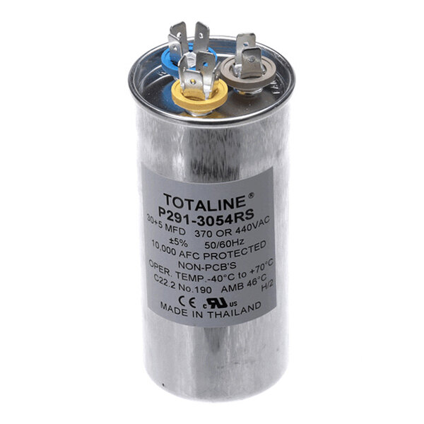 A cylindrical metallic capacitor with three terminal connectors on top, each marked with a colored ring (blue, yellow, and brown), and a label displaying technical specifications.