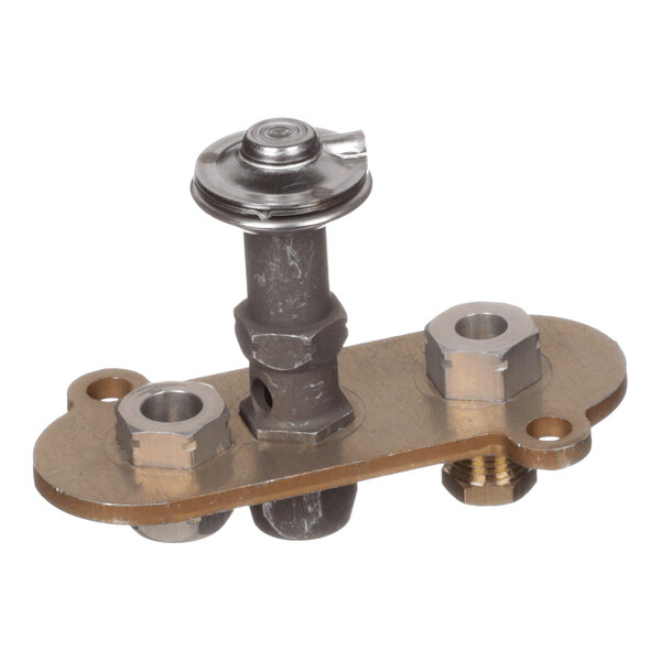 A metal component with a central vertical shaft, two hexagonal fittings, and a flat base plate with mounting holes.