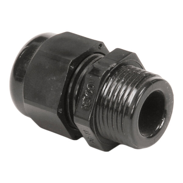 A black plastic threaded cable gland or cord grip fitting, shown against a white background.