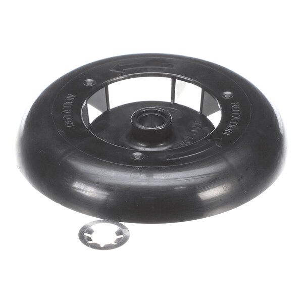 A black, circular plastic wheel with a central hub and open spokes, accompanied by a metal washer.