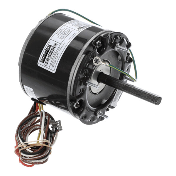 A cylindrical electric motor with a protruding shaft, multiple colored wires, and a label on the side.