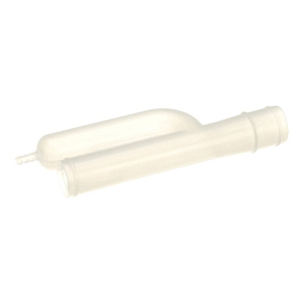 A translucent, cylindrical plastic component with a curved section and a small nozzle on one end.