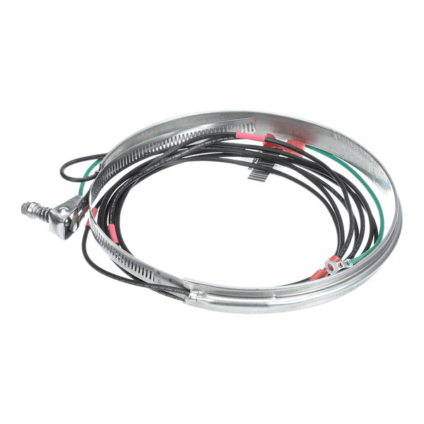 A metallic circular band with attached electrical wires and connectors, resembling a heating element or belt heater.