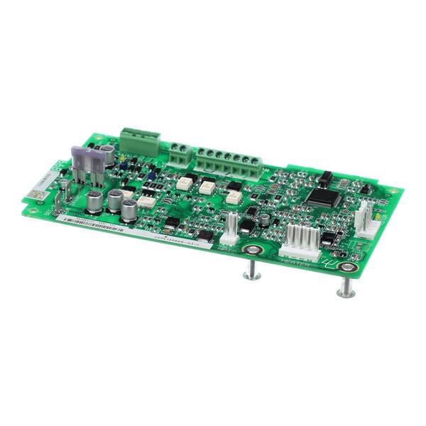 A green electronic circuit board with various components, connectors, and mounting posts visible.