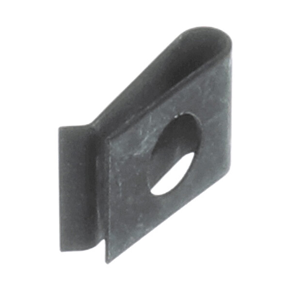 A small, dark-colored metal clip with a rectangular base and a circular hole in the center.