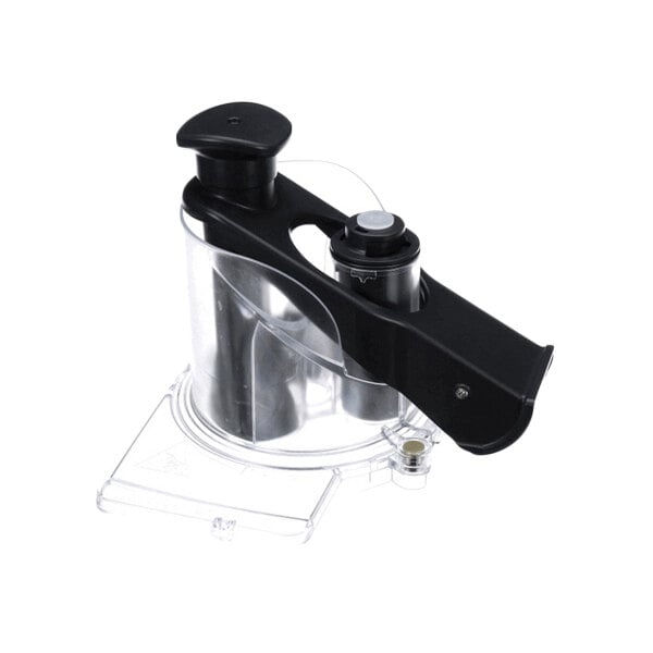 A plastic and metal kitchen appliance attachment with a black handle and clear base, likely used for food processing or slicing.