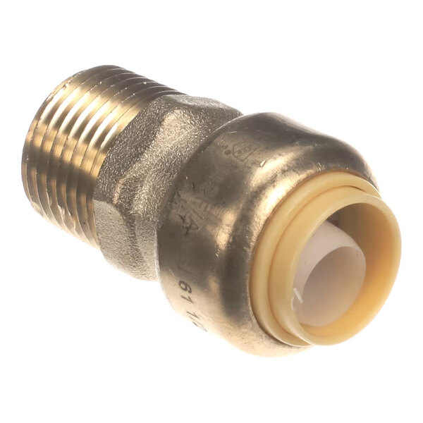 A metal plumbing adapter with a threaded end and a push-to-connect fitting on the other end.