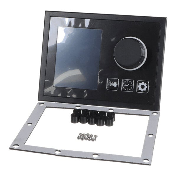 A rectangular electronic control panel with a display screen, a large dial, several buttons, and accompanying mounting hardware including screws and spacers.