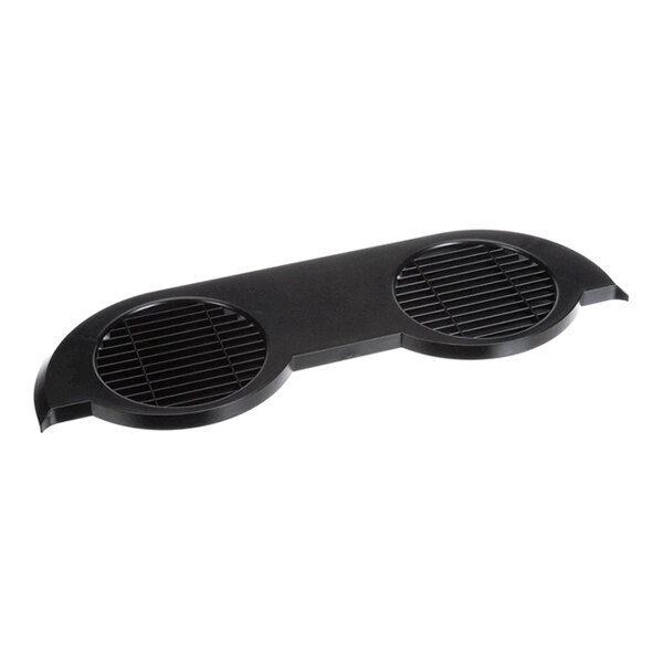 A black plastic tray cover with two circular grated sections.