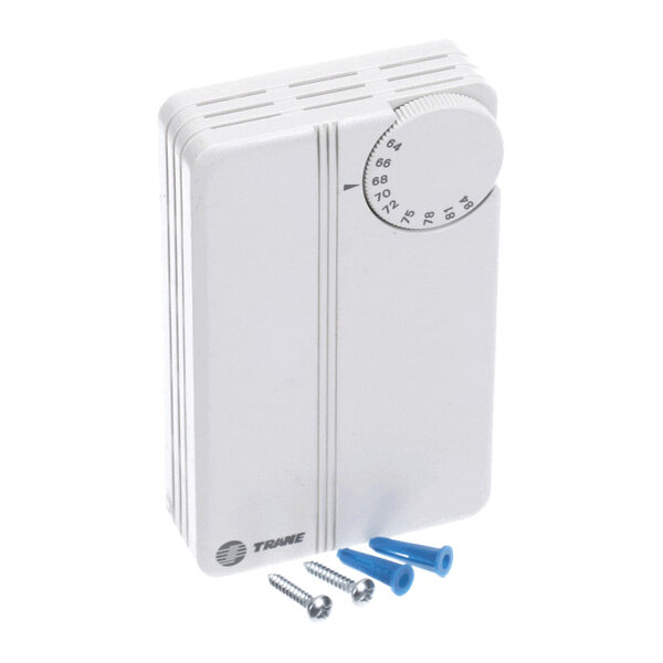 A white rectangular wall-mounted thermostat with a round adjustable temperature dial, accompanied by two screws and two blue wall anchors.