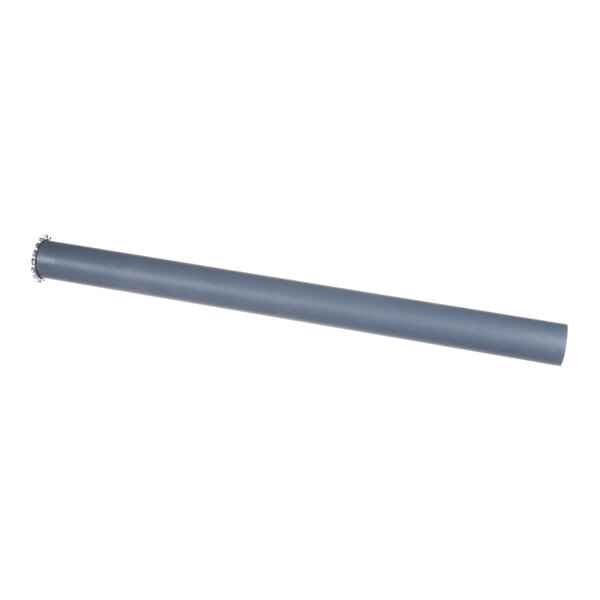 A long, cylindrical, gray metal rod with a slightly textured surface and a gear-like component on one end.