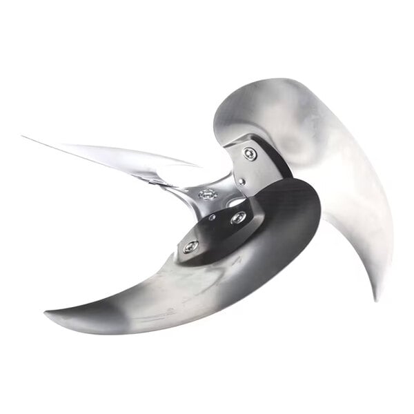 A metallic, three-blade fan component with curved blades and visible screws at the center.