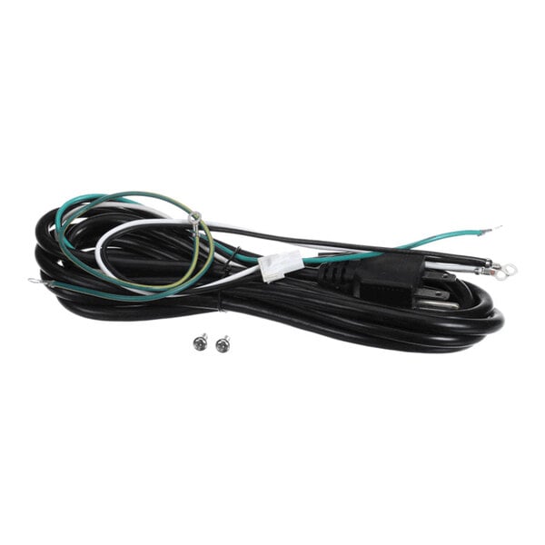 A coiled black power cord with a three-prong plug on one end and three exposed wires (green, white, and black) on the other, accompanied by two small screws.