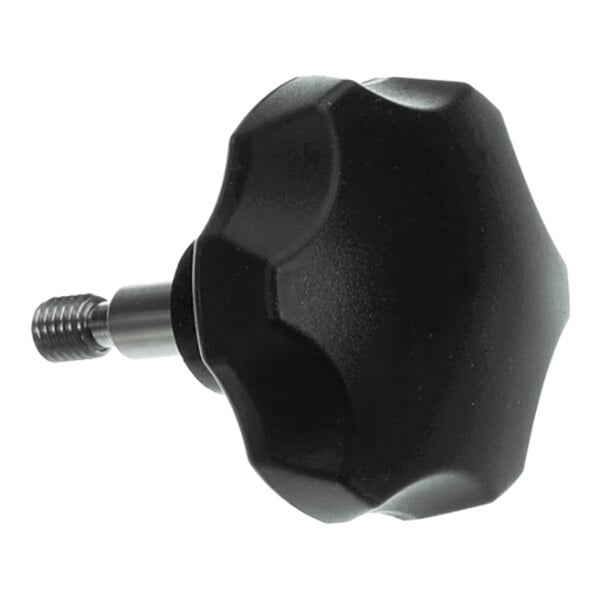 A black, round, ridged knob with a metal threaded shaft extending from one side.