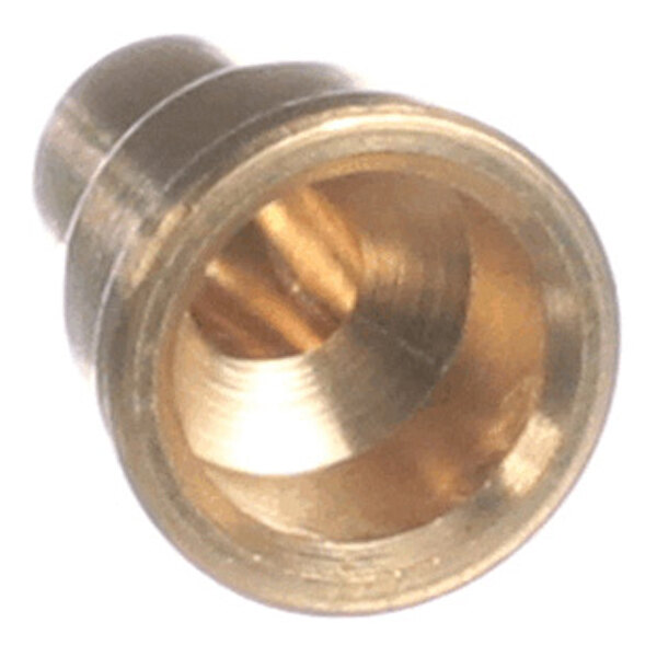 A close-up view of a small, metallic, cylindrical nozzle with a hollow center and a smooth, shiny surface.