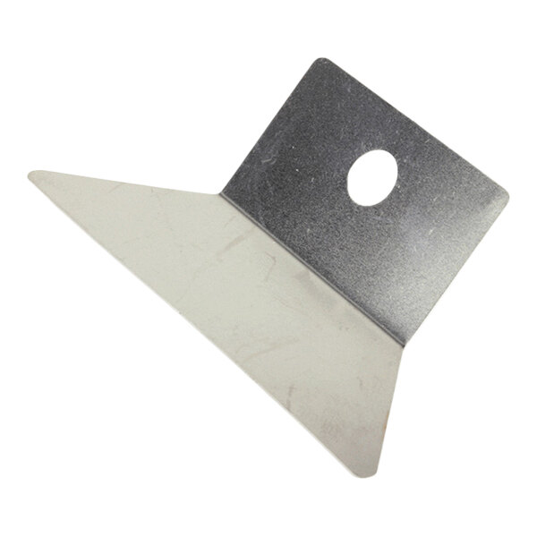A metal corner bracket with a triangular extension and a hole in the square section.