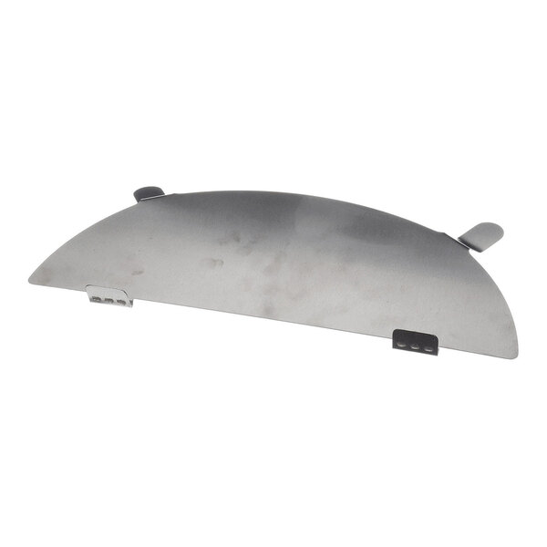 A curved metallic panel with two small handles and two brackets attached to its edges.