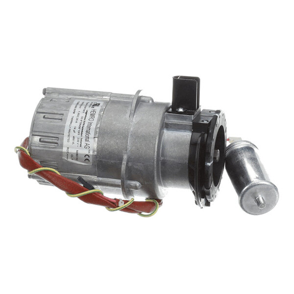 A metallic cylindrical grinder assembly with attached wiring and a label, featuring a protruding black plastic component and an additional cylindrical part on the side.