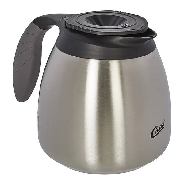 A stainless steel thermal carafe with a black plastic handle and lid.