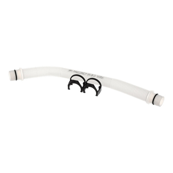 A flexible, ribbed white hose with black clips and fittings on both ends, likely used for drainage or fluid transfer.
