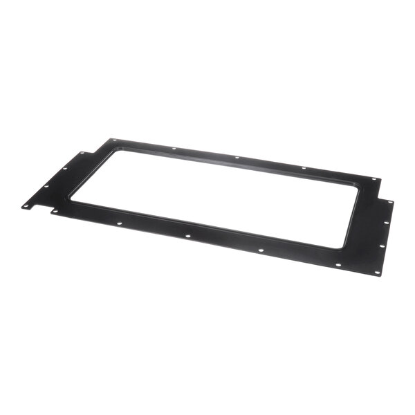 A rectangular black metal frame with a large central cutout and multiple small holes around the perimeter.